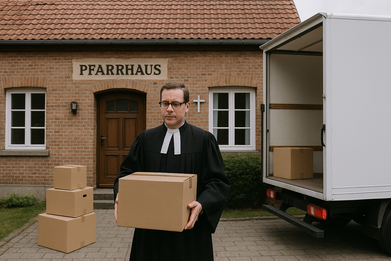 Ein Pfarrer hält einen Umzugskarton. Im Hintergrund ist das Pfarrhaus und ein Umzugswagen zu sehen.